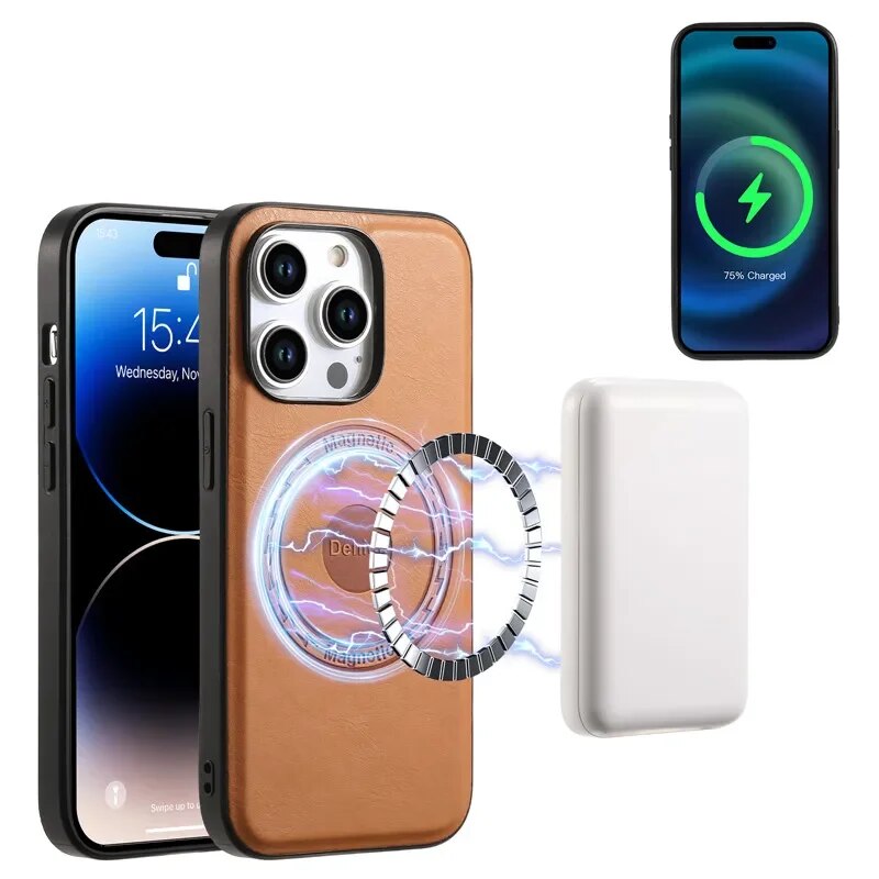 Premium Rindsleder Kartenhalter Handyhülle, MagSafe, Abdeckung, | Apple iPhone 12 13/14/15 Pro Max/Samsung S23 Fe/S24 Ultra Plus - kabelloses Ladecover - Phone Heaven Zone