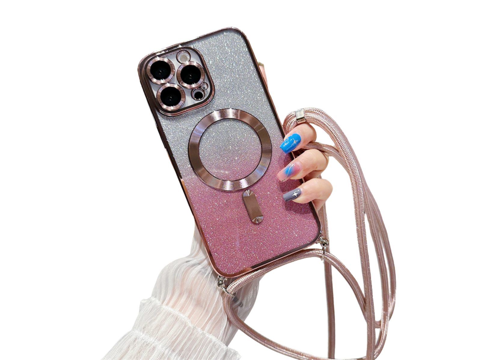 Luxus Crossbody Lanyard Gradient Glitzer Magnetgehäuse iPhone Hülle | MagSafe Case mit Kameralinsenschutzabdeckung für Apple iPhone 17/17 Air/16/16e/15/14/13 Pro Max Plus Cover | Panzertasche, Weiche TPU Plating Handyhülle | Premium Schutzhülle