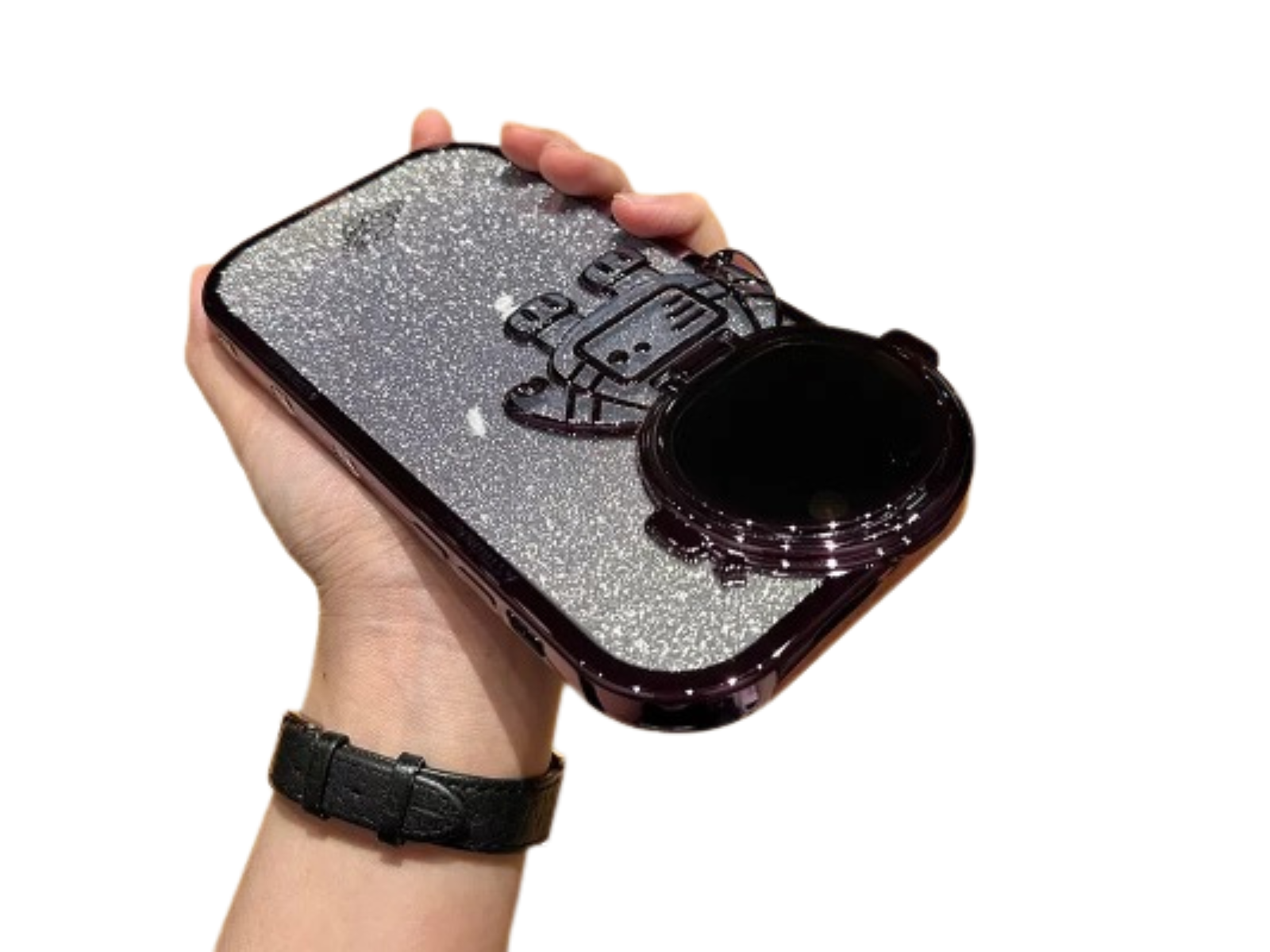 Astronauten-Hülle mit Glitzerfilm und Objektivständer-Kameraschutz | Premium-Schockabsorbierende weiche TPU-Rückseite für Apple iPhone 17/17 Air, 16/16e, 15, 14, 13 Pro Max Plus
