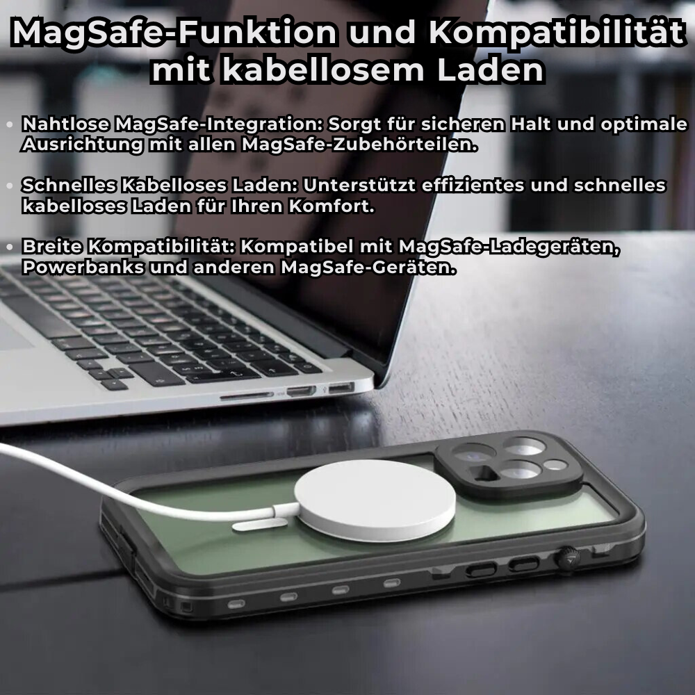 Premium IP68 Wasserdichte Magnet-Hülle mit MagSafe für Apple iPhone 16/16e, 15, 14, 13, 12 Pro Max, Pro, Plus & Mini: 360° Vollschutz Case, Militärpanzer-Design | Staubdicht, Stoßfest Cover mit Kameraschutz | Ideal für Tauchen und Schwimmen