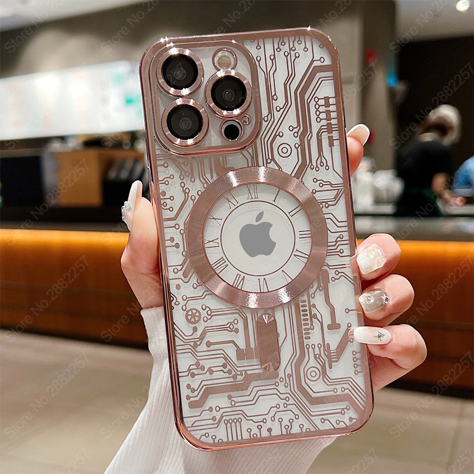 Premium Mechanische Uhr Textur Design Magnetische MagSafe Transparente iPhone-Hülle | Rundumschutz & Kameralinsenschutz Case für Apple iPhone 17/17 Air, 16/16e, 15, 14, 13 Pro Max Plus Cover | Stoßfeste Handyhülle mit Panzertasche & Stoßstangenabdeckung