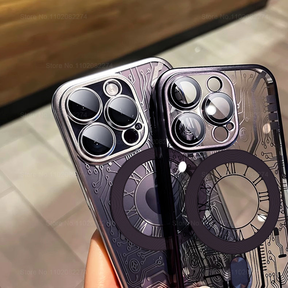 Premium Mechanische Uhr Textur Design Magnetische MagSafe Transparente iPhone-Hülle | Rundumschutz & Kameralinsenschutz Case für Apple iPhone 17/17 Air, 16/16e, 15, 14, 13 Pro Max Plus Cover | Stoßfeste Handyhülle mit Panzertasche & Stoßstangenabdeckung