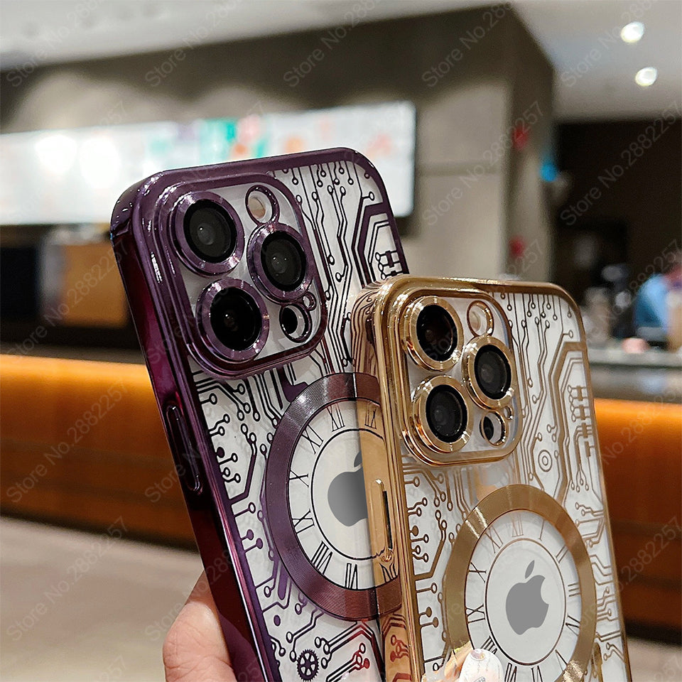Premium Mechanische Uhr Textur Design Magnetische MagSafe Transparente iPhone-Hülle | Rundumschutz & Kameralinsenschutz Case für Apple iPhone 17/17 Air, 16/16e, 15, 14, 13 Pro Max Plus Cover | Stoßfeste Handyhülle mit Panzertasche & Stoßstangenabdeckung