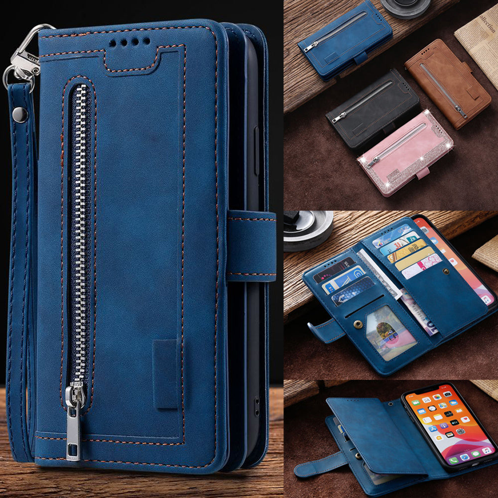 Hochwertige Leder-Handyhülle mit Reißverschluss, Kartenhalter, Stand und Riemen iPhone Hülle | Flip-Cover Case für Apple iPhone 17/17 Air, 16/16e, 15, 14, 13, 12 Pro Max, Pro, Plus & Mini - Vielseitige Schutzhülle