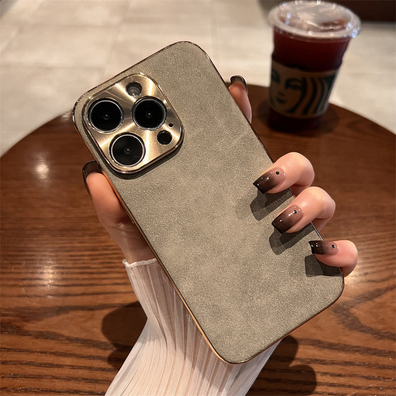 Leder Premium MagSafe Apple iPhone Hülle mit galvanisiertem Rahmen | Goldener Rahmen Case, Kameraschutz - Schutzhülle für iPhone 17/17 Air, 16/16e, 15, 14, 13 Pro Max Plus