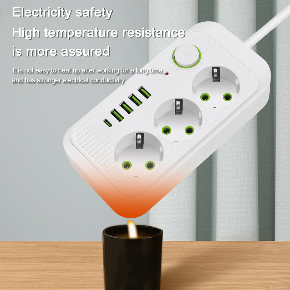 Steckdosenleiste 2 m Verlängerungskabel Multiprise 3 AC-Steckdosen mit 4 USB 1 Typ-C | Premium-Netzwerkfilter und Ladegerät