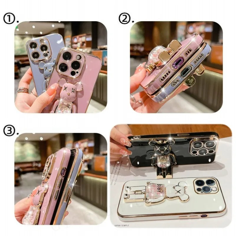 Luxus 3D Bärenhalterung Crossbody Armband mit Riemen & Lanyard iPhone Hülle | MagSafe Case mit Rundumschutz und Kameralinsenschutzabdeckung für Apple iPhone 17/17 Air, 16/16e, 15, 14, 13 Pro Max Plus Cover | Panzertasche Handyhülle | Premium Schutzhülle