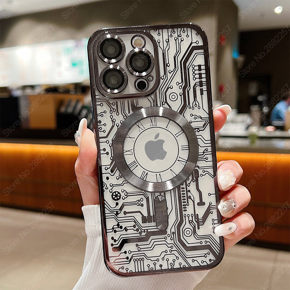 Premium Mechanische Uhr Textur Design Magnetische MagSafe Transparente iPhone-Hülle | Rundumschutz & Kameralinsenschutz Case für Apple iPhone 17/17 Air, 16/16e, 15, 14, 13 Pro Max Plus Cover | Stoßfeste Handyhülle mit Panzertasche & Stoßstangenabdeckung