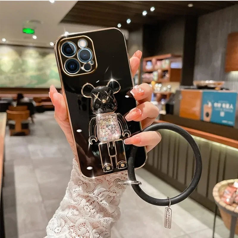 Luxus 3D Bärenhalterung Crossbody Armband mit Riemen & Lanyard iPhone Hülle | MagSafe Case mit Rundumschutz und Kameralinsenschutzabdeckung für Apple iPhone 17/17 Air, 16/16e, 15, 14, 13 Pro Max Plus Cover | Panzertasche Handyhülle | Premium Schutzhülle