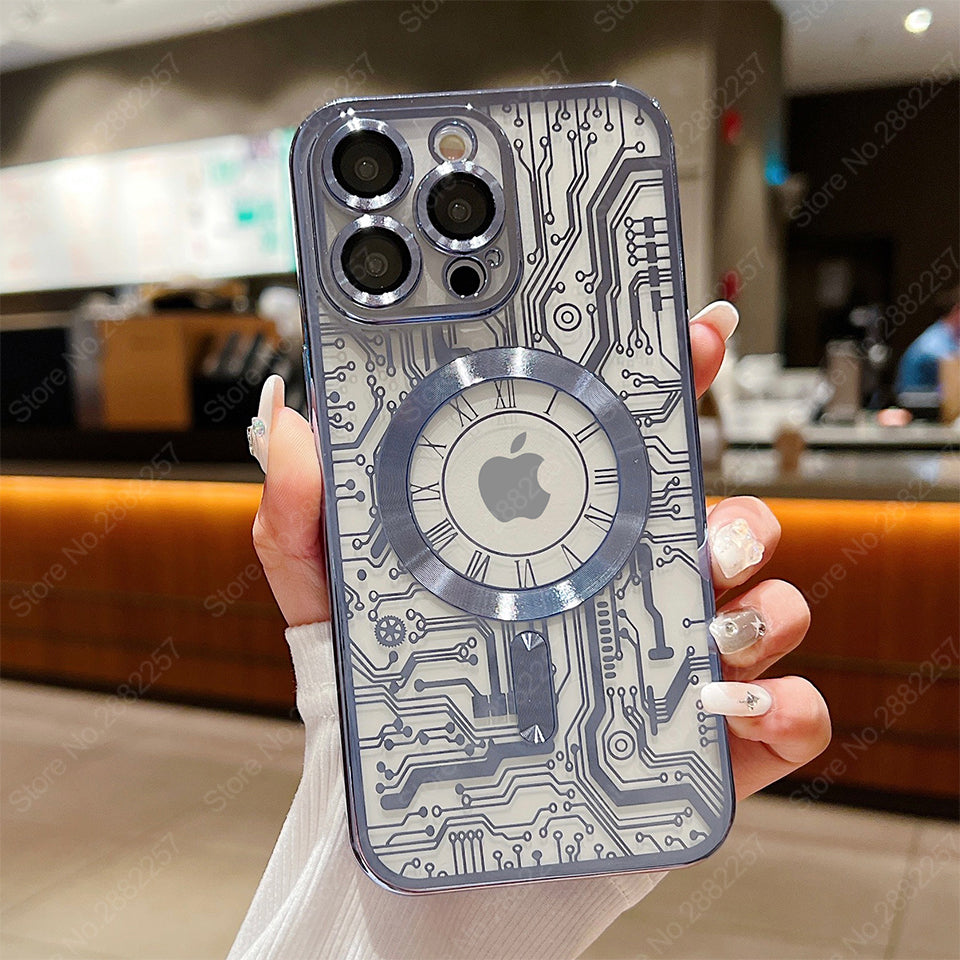 Premium Mechanische Uhr Textur Design Magnetische MagSafe Transparente iPhone-Hülle | Rundumschutz & Kameralinsenschutz Case für Apple iPhone 17/17 Air, 16/16e, 15, 14, 13 Pro Max Plus Cover | Stoßfeste Handyhülle mit Panzertasche & Stoßstangenabdeckung