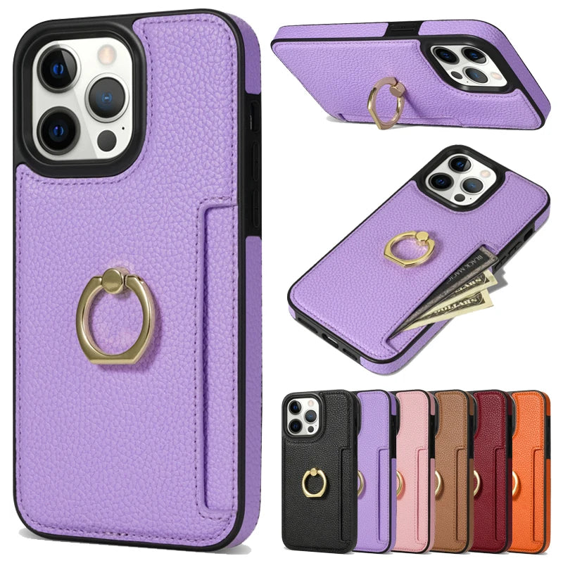 Hochwertiges Kartenfach Leder Brieftasche, Ringhalter und Ständer iPhone Hülle | MagSafe Case, Rundumschutz, Kameralinsenschutzabdeckung für Apple iPhone 17/17 Air, 16/16e, 15, 14, 13 Pro, Max, Plus | Panzer Handyhülle Wallet Geldbörse Schutzhülle