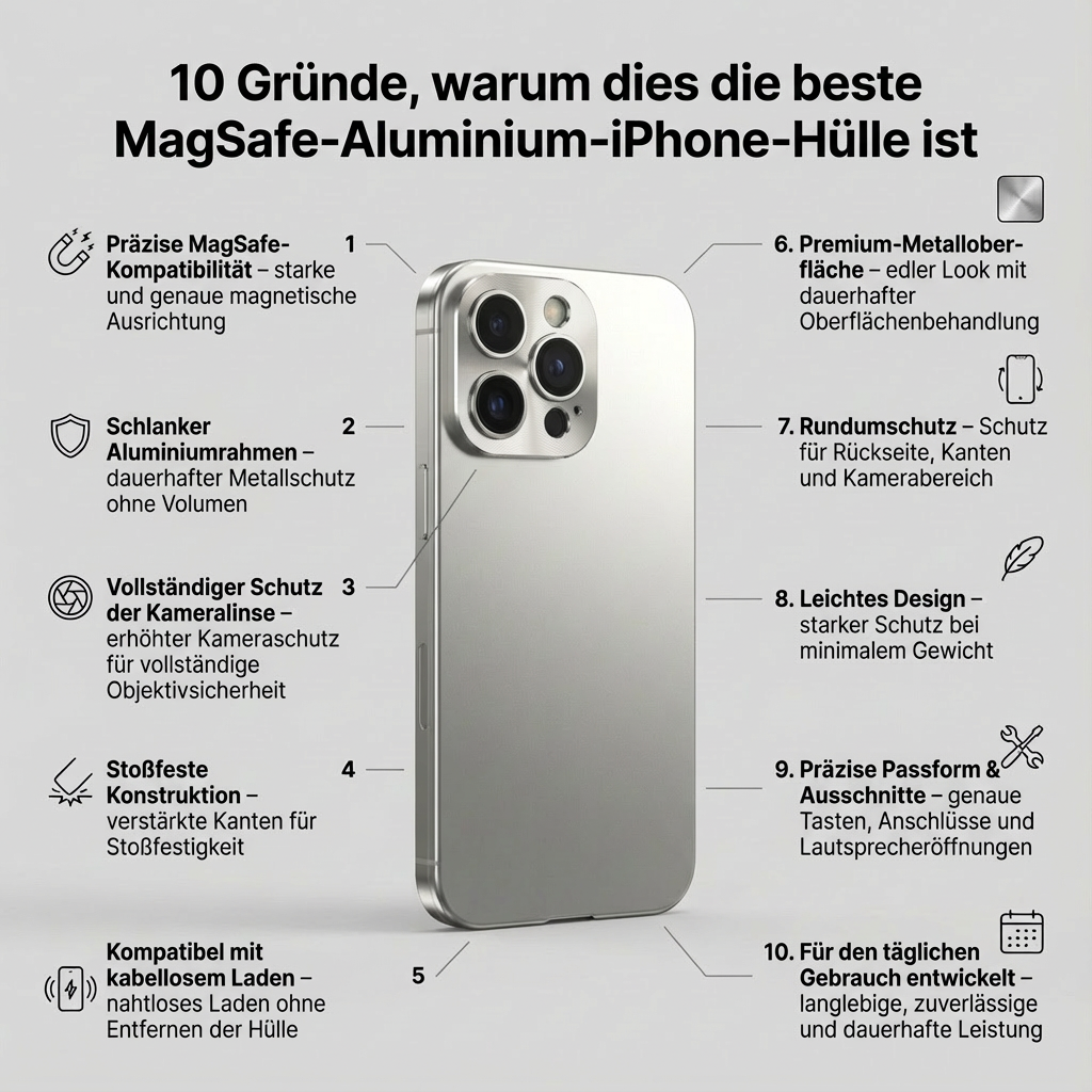 Luxus Metall iPhone Hülle Case mit MagSafe – 360° Kamera- und Display-Schutz, robuster Aluminiumrahmen, stoßfest, kratzfest, rutschfest, ultradünnes Slim-Design, magnetisch, kabelloses Laden, edles Premium-Cover, Anti-Fingerprint-Beschichtung