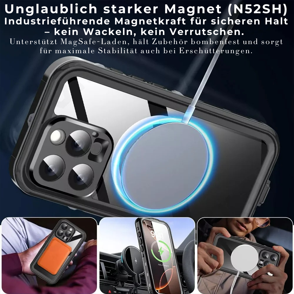 Premium IP68 Wasserdichte Magnet-Hülle mit MagSafe für Apple iPhone 16/16e, 15, 14, 13, 12 Pro Max, Pro, Plus & Mini: 360° Vollschutz Case, Militärpanzer-Design | Staubdicht, Stoßfest Cover mit Kameraschutz | Ideal für Tauchen und Schwimmen
