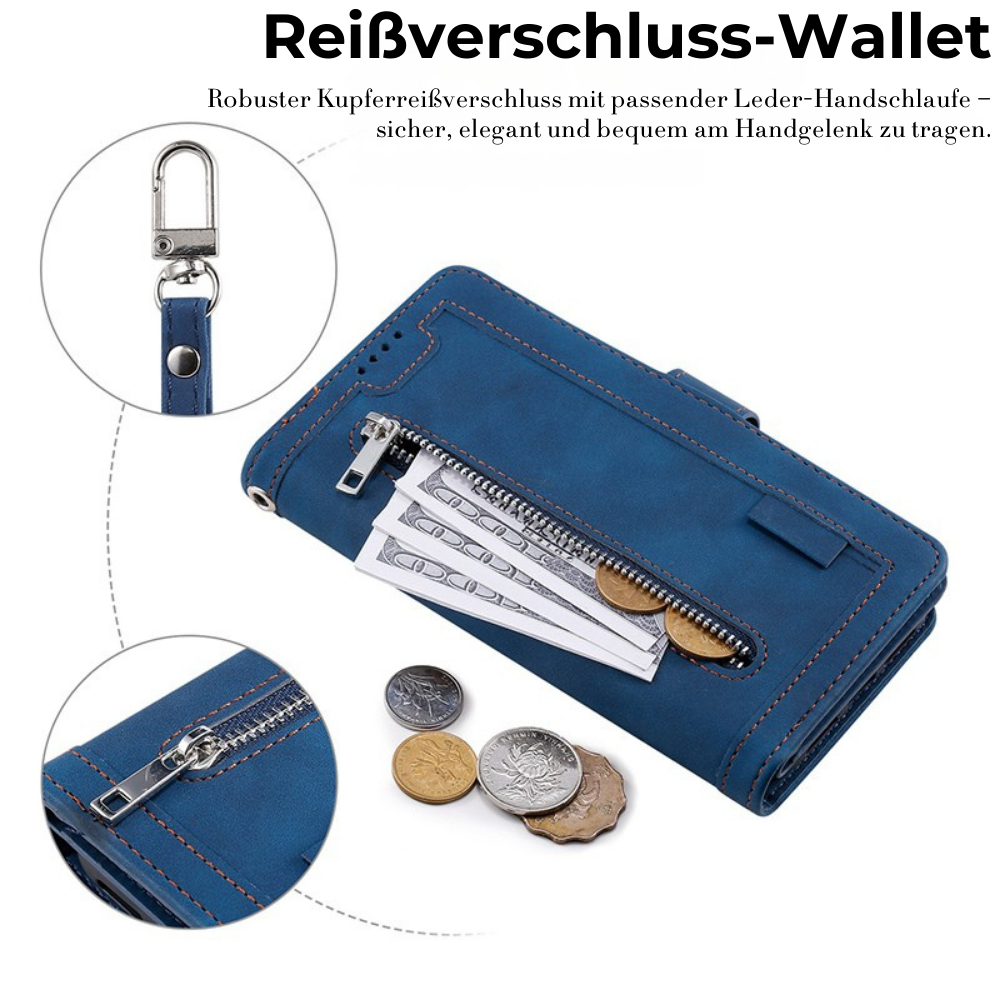 Hochwertige Leder-Handyhülle mit Reißverschluss, Kartenhalter, Stand und Riemen iPhone Hülle | Flip-Cover Case für Apple iPhone 17/17 Air, 16/16e, 15, 14, 13, 12 Pro Max, Pro, Plus & Mini - Vielseitige Schutzhülle