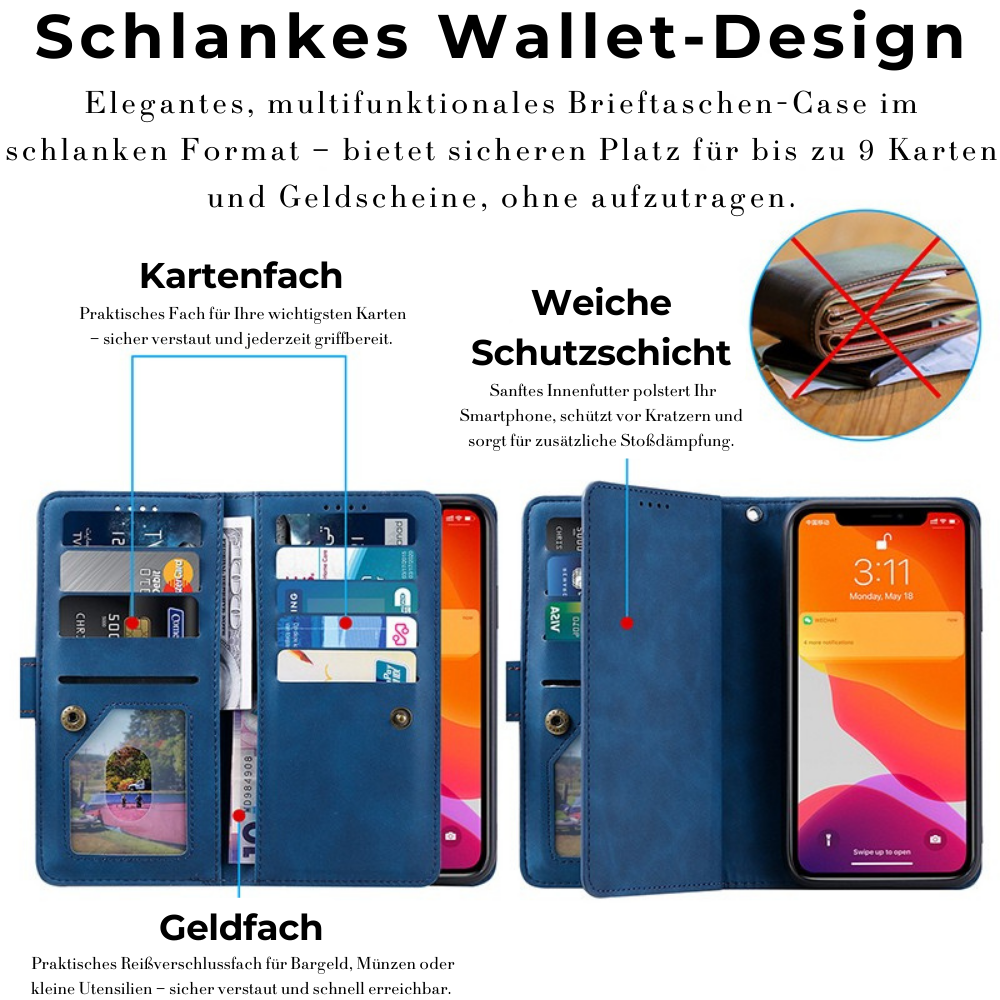Hochwertige Leder-Handyhülle mit Reißverschluss, Kartenhalter, Stand und Riemen iPhone Hülle | Flip-Cover Case für Apple iPhone 17/17 Air, 16/16e, 15, 14, 13, 12 Pro Max, Pro, Plus & Mini - Vielseitige Schutzhülle