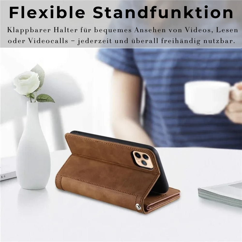 Hochwertige Leder-Handyhülle mit Reißverschluss, Kartenhalter, Stand und Riemen iPhone Hülle | Flip-Cover Case für Apple iPhone 17/17 Air, 16/16e, 15, 14, 13, 12 Pro Max, Pro, Plus & Mini - Vielseitige Schutzhülle