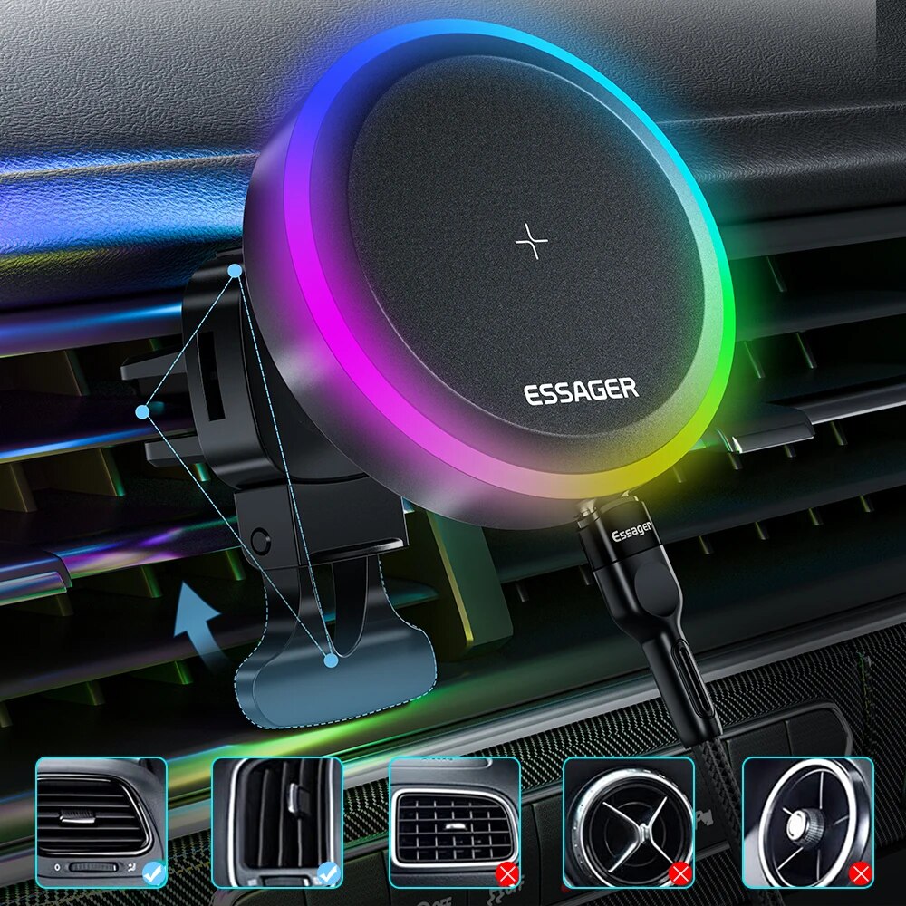 Premium RGB Magnetische Auto Telefon Halter und Qi 15W Drahtlose Ladegerät für Smartphones, Apple iPhone, Samsung, iOS & Android | Universal Telefon Handyhalter & Ladegerät