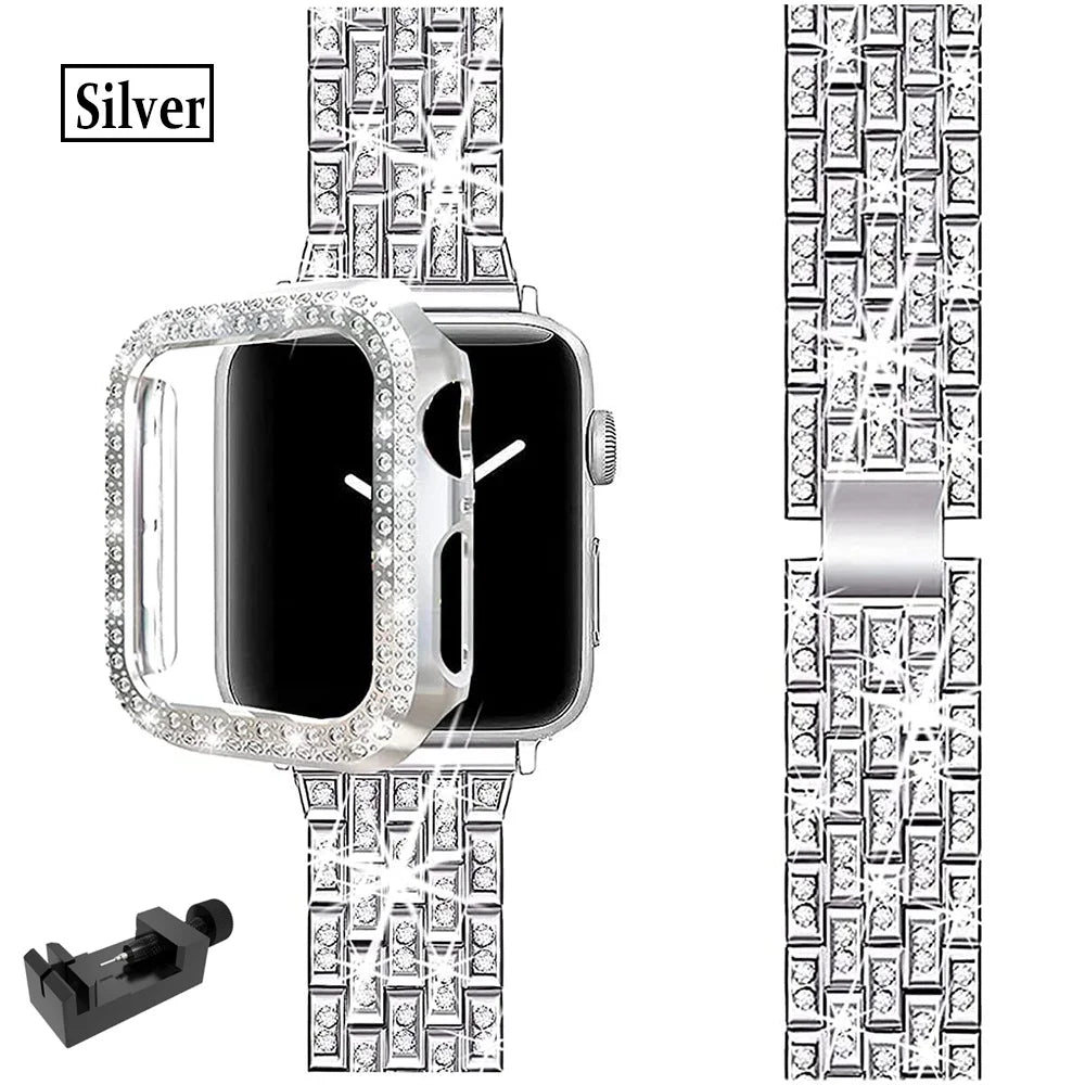 Luxus Premium Hülle Glitzer-Metallarmband & Diamant-Gehäuse für Apple Watch Serie 10/9/8/7/6/5/4/3/2/1 & Ultra 2/1, SE: 2024, 2023, 2022, 2021, 2020, 2019, 2018, 2017, 2016: 49mm, 45mm, 41mm, 40mm, 44mm, 42mm | Case & Cover, iWatch Armband