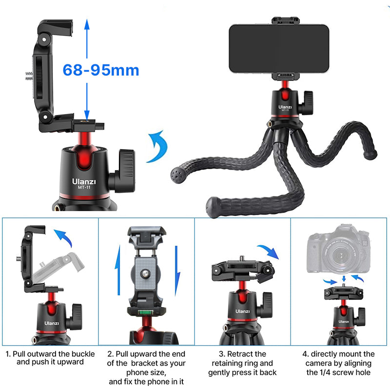 Hochwertiges Octopus Flex-Stativ mit 1/4 Schraube, Kugelkopf & Cold Shoe: Universal Telefonclip für Apple iPhone 16/15/14/13/12/11 Pro Max/Plus/Mini, SLR, DSLR Kamera, GoPro Smartphones, Apple iPhone, Samsung, iOS & Android | Profi Foto/Video