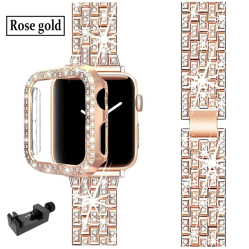 Luxus Premium Hülle Glitzer-Metallarmband & Diamant-Gehäuse für Apple Watch Serie 10/9/8/7/6/5/4/3/2/1 & Ultra 2/1, SE: 2024, 2023, 2022, 2021, 2020, 2019, 2018, 2017, 2016: 49mm, 45mm, 41mm, 40mm, 44mm, 42mm | Case & Cover, iWatch Armband