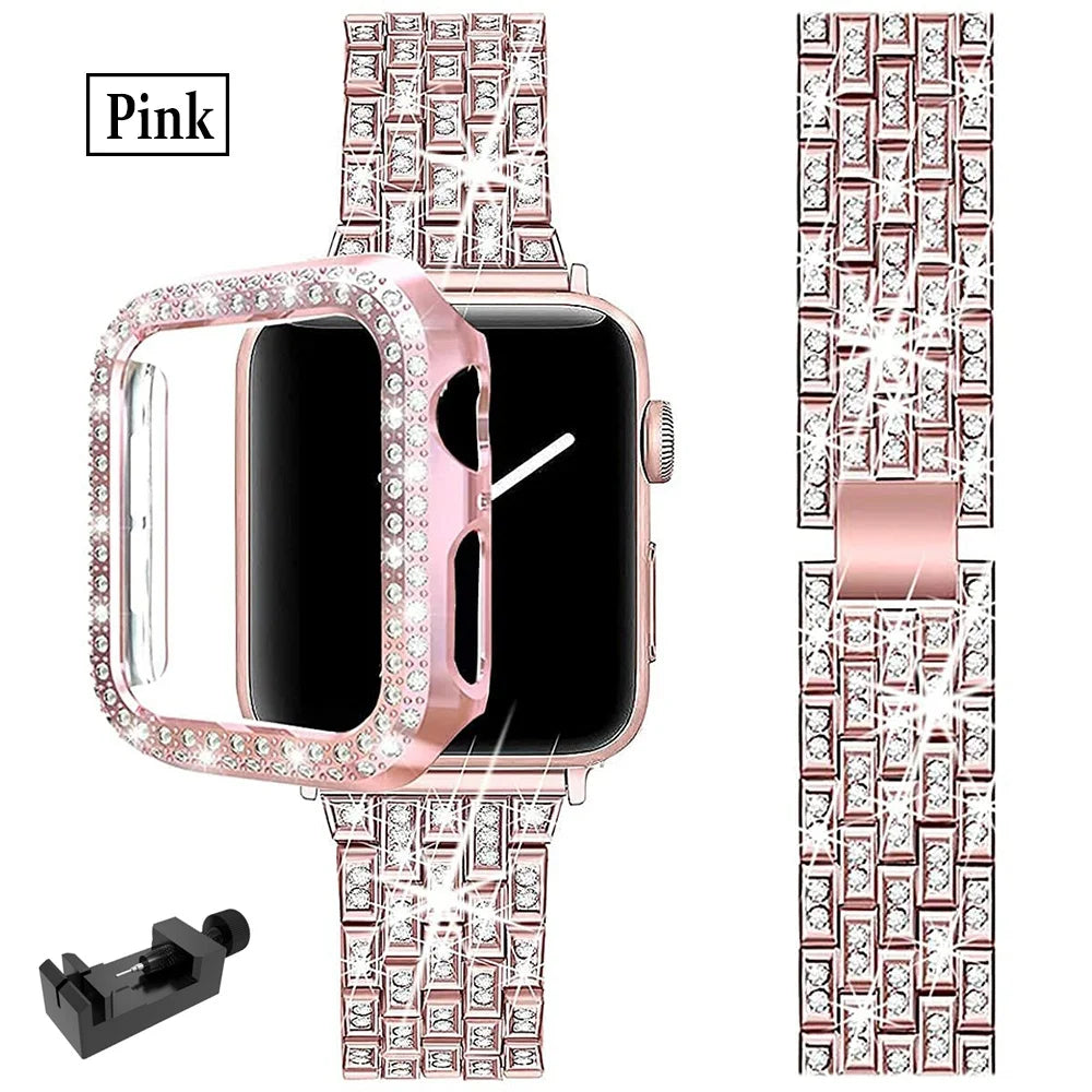 Luxus Premium Hülle Glitzer-Metallarmband & Diamant-Gehäuse für Apple Watch Serie 10/9/8/7/6/5/4/3/2/1 & Ultra 2/1, SE: 2024, 2023, 2022, 2021, 2020, 2019, 2018, 2017, 2016: 49mm, 45mm, 41mm, 40mm, 44mm, 42mm | Case & Cover, iWatch Armband