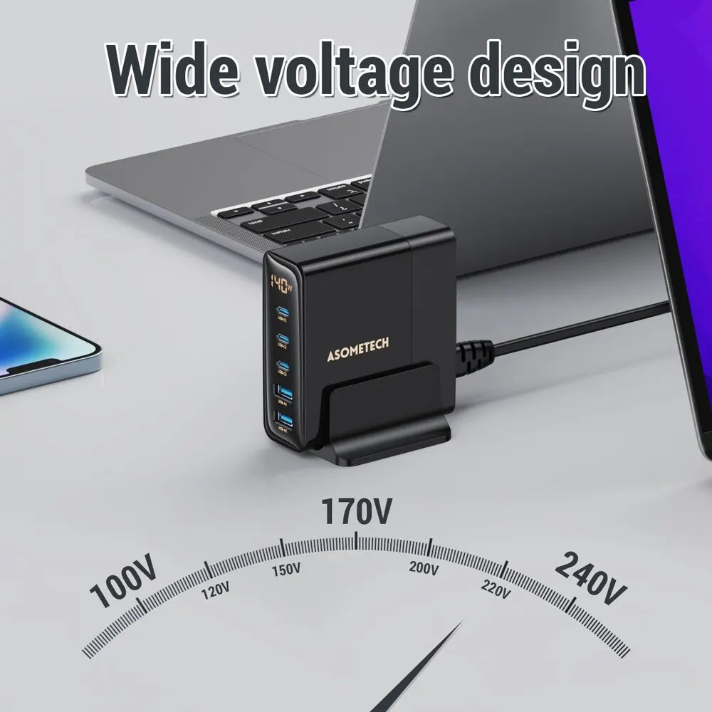 140W GaN Schnellladegerät: Desktop-Ladestation 5 USB-Anschlüsse Charging Station Dockingstation Laptop MacBook iPhone Samsung