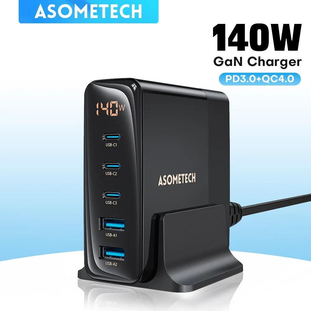 140W GaN Schnellladegerät: Desktop-Ladestation 5 USB-Anschlüsse Charging Station Dockingstation Laptop MacBook iPhone Samsung