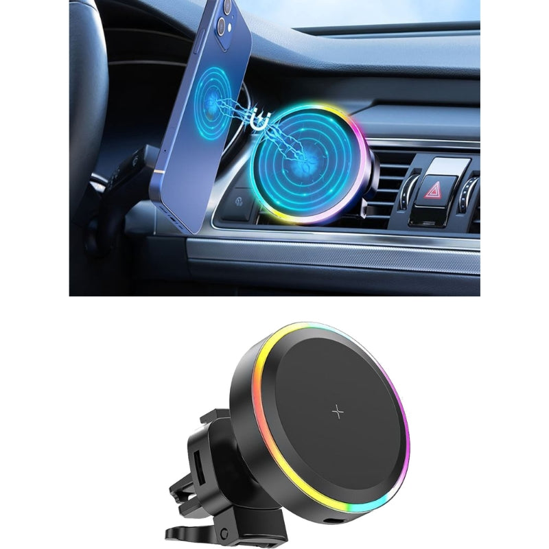 Premium RGB Magnetische Auto Telefon Halter und Qi 15W Drahtlose Ladegerät für Smartphones, Apple iPhone, Samsung, iOS & Android | Universal Telefon Handyhalter & Ladegerät