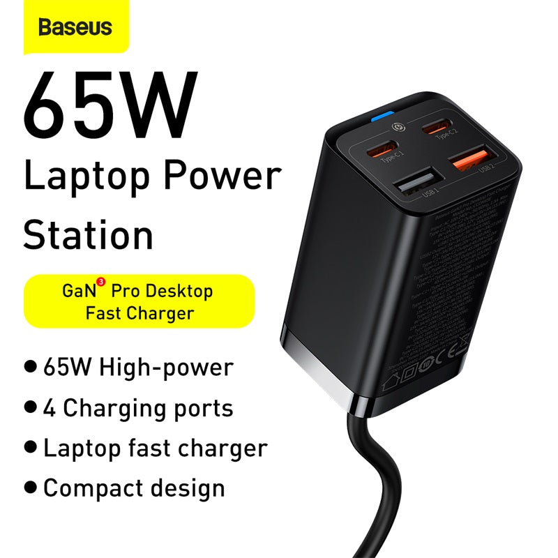 Premium 65W Gan Charger Desktop Fast Charger | 4-in-1 Laptop & Mobile Adapter for Smartphones, Apple iPhone, Samsung, iOS &amp; Android - Fast Charging