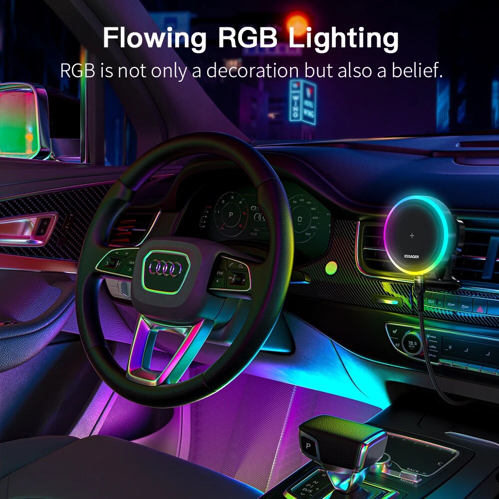 Premium RGB Magnetische Auto Telefon Halter und Qi 15W Drahtlose Ladegerät für Smartphones, Apple iPhone, Samsung, iOS & Android | Universal Telefon Handyhalter & Ladegerät