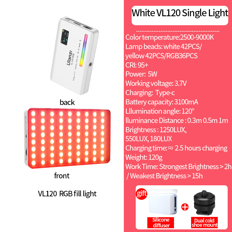 Luxury VL120 RGB LED Video Light for Camera, Smartphones, Apple iPhone, Samsung, iOS & Android Apple iPhone 15/14/13/12/11 Pro Max/Plus/Mini, Samsung, Android, Full Color, Dimmable, 2500-9000K, Rechargeable, 3100mAh, Limited Edition Studio Lamp