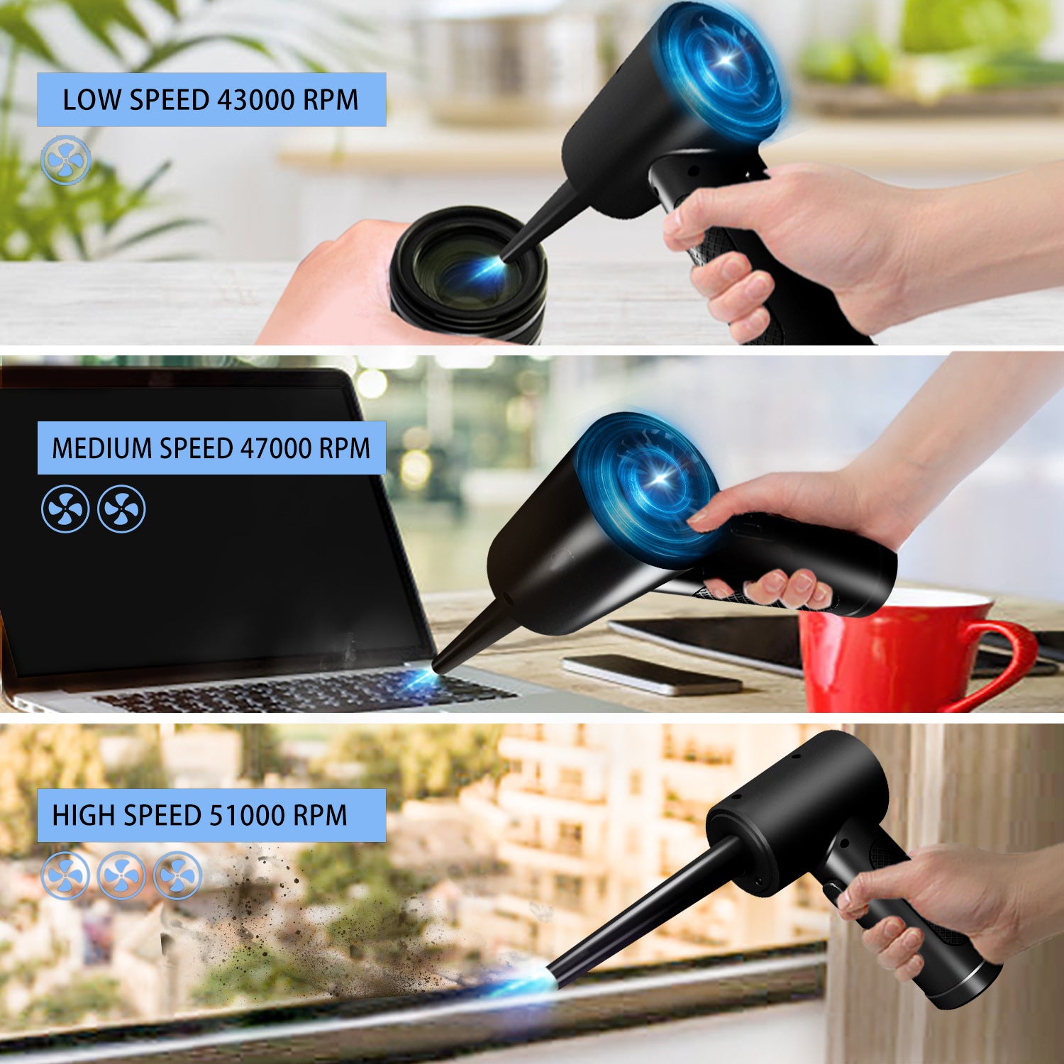 Premium Compressed Air Duster for Electronics: Cordless Air Blower with LED Light - Ideal for Smartphone, Laptop, Tablet, PC, Apple iPhone, iPad, MacBook, iOS, Android, Samsung | Effective Cleaning for Keyboard, Car & More