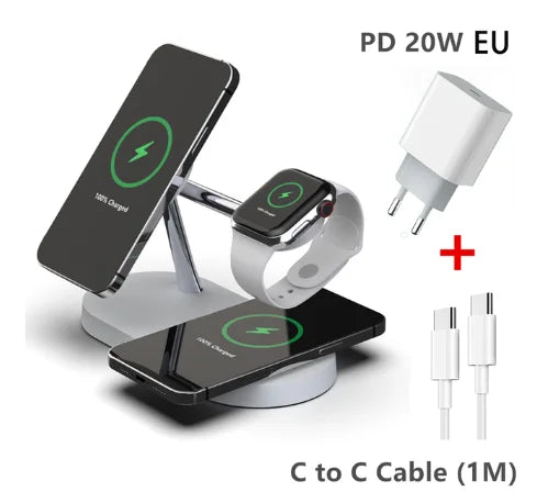 5-in-1 Magnetic Wireless Charging Stand for Smartphones, Apple iPhone, Samsung, iOS & Android Apple Watch 9, 8, 7, AirPods with LED Light, Fast Charging.