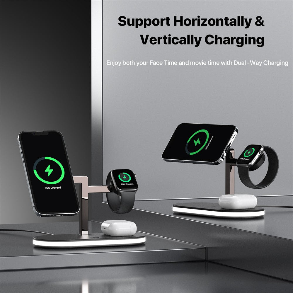 Premium 3-in-1 LED Fast Charging Station | Multifunctional Wireless Charger Fast Wireless Charging Station Docking Station for Smartphones, Apple iPhone, Samsung, iOS & Android AirPods, Apple Watch & iPad | Phone/Tablet Stand & Holder