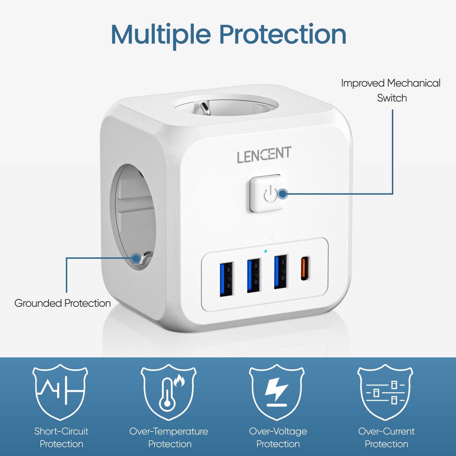 Premium Steckdosenleiste: 4 AC-Steckdosen, 3 USB-Anschlüsse, 1 Typ-C Mehrfachsteckdose mit 2m/3m geflochtenem Kabel und Schalter für Smartphones, Apple iPhone, Samsung, iOS & Android Zuhause