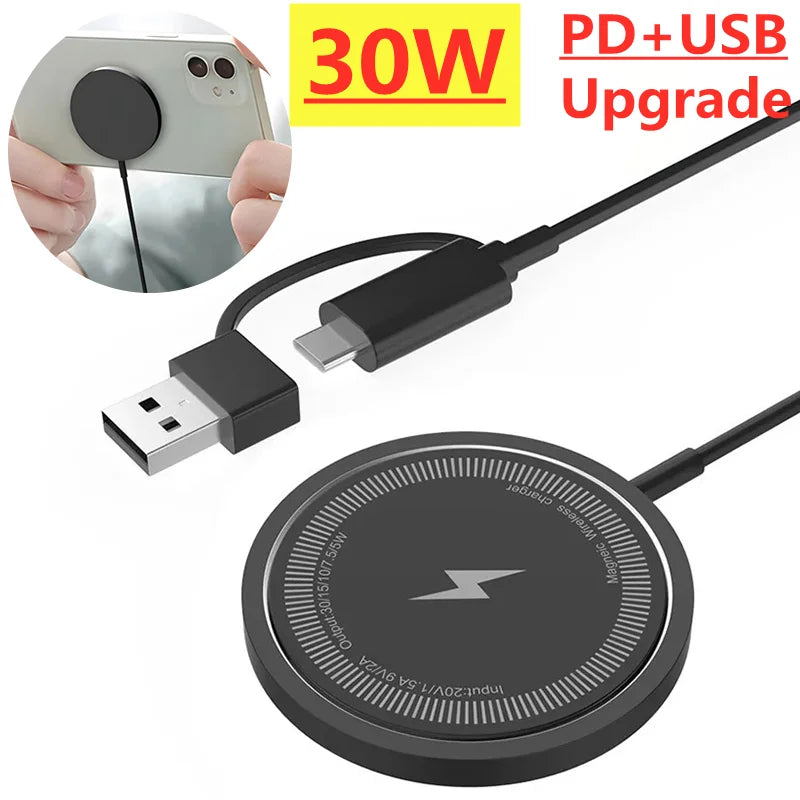 Premium 30W magnetisches kabelloses Ladegerät für Magsafe,Smartphones, Apple iPhone, Samsung, iOS & Android | USB-A, PD – schnelles kabelloses Ladegerät und Ständer