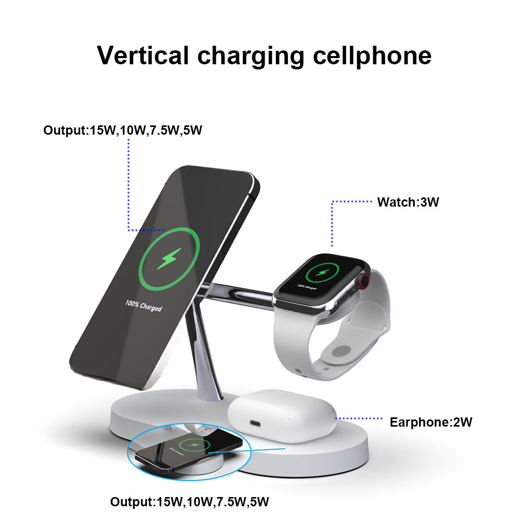 5-in-1 Magnetic Wireless Charging Stand for Smartphones, Apple iPhone, Samsung, iOS & Android Apple Watch 9, 8, 7, AirPods with LED Light, Fast Charging.