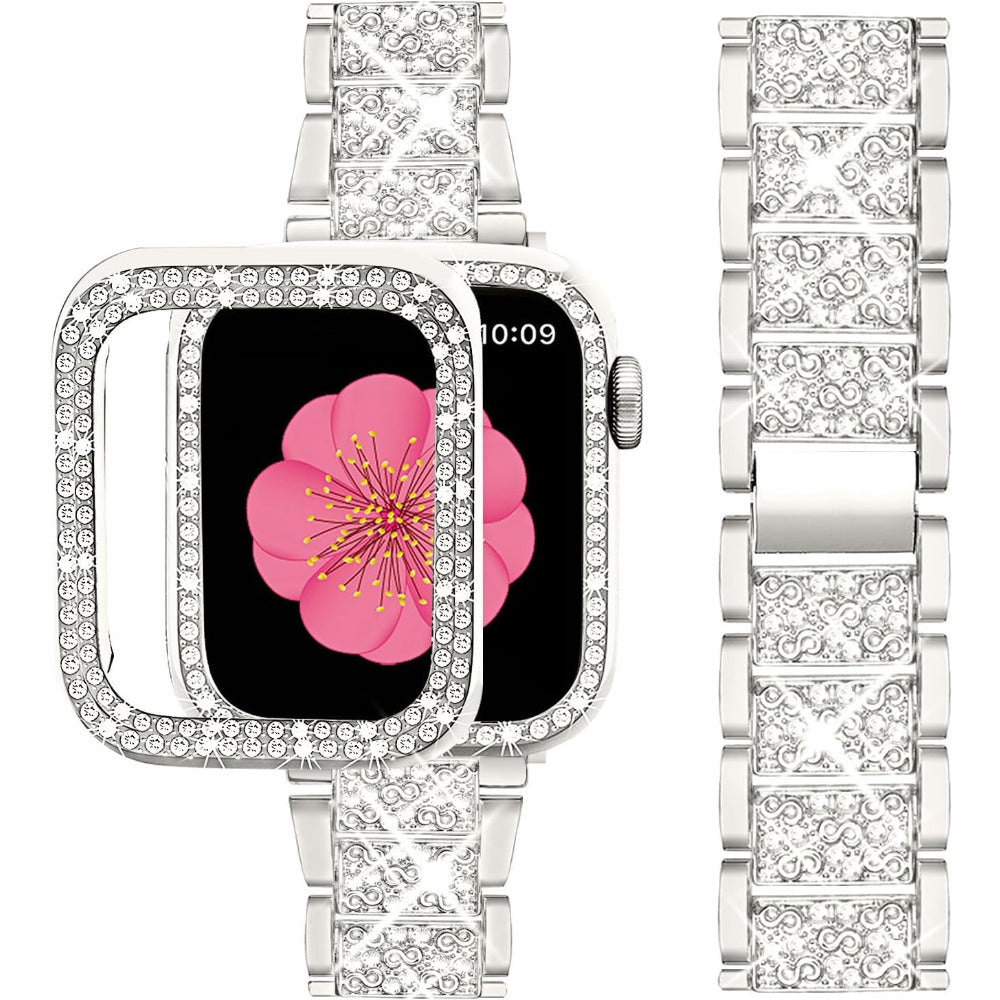 Luxury Premium glitter metal bracelet and diamond protective case for Apple Watch Series 10/9/8/7/6/5/4/3/2/1 & Ultra 2/1, SE: 2024, 2023, 2022, 2021, 2020, 2019, 2018, 2017, 2016 | Ultra 49mm, 45mm, 41mm, 40mm, 44mm, 42mm bracelet for iWatch.