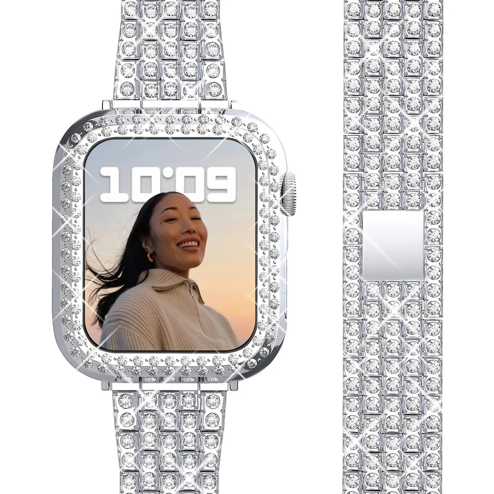 Luxus Premium Hülle Glitzer-Metallarmband & Diamant-Gehäuse für Apple Watch Serie 10/9/8/7/6/5/4/3/2/1 & Ultra 2/1, SE: 2024, 2023, 2022, 2021, 2020, 2019, 2018, 2017, 2016: 49mm, 45mm, 41mm, 40mm, 44mm, 42mm | Case & Cover, iWatch Armband