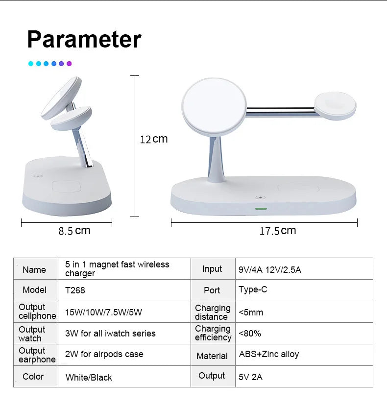 5-in-1 Magnetic Wireless Charging Stand for Smartphones, Apple iPhone, Samsung, iOS & Android Apple Watch 9, 8, 7, AirPods with LED Light, Fast Charging.