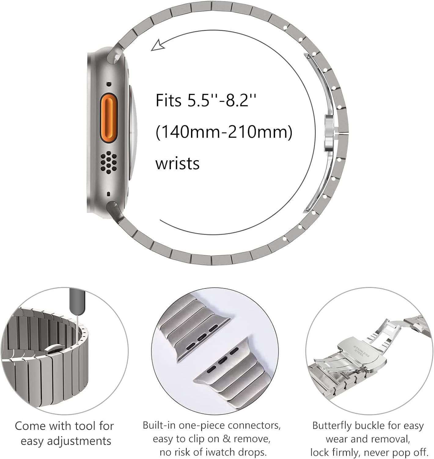 Titanium ribbon for Luxury Apple Watch Series 2 49mm 10/9/8/7/6/5/4/3/2/1 & Ultra 2/1, SE: 2024, 2023, 2022, 2021, 2020, 2019, 2018, 2017, 2016 | Loop for iWatch 45mm 41 42 44mm 38 40mm Stainless Steel Band in Premium Quality