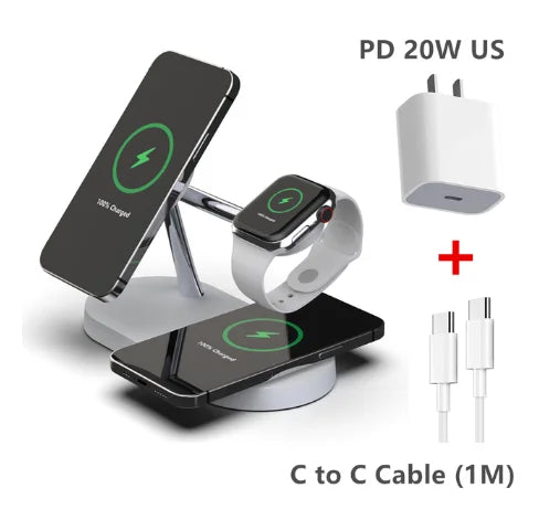 5-in-1 Magnetic Wireless Charging Stand for Smartphones, Apple iPhone, Samsung, iOS & Android Apple Watch 9, 8, 7, AirPods with LED Light, Fast Charging.