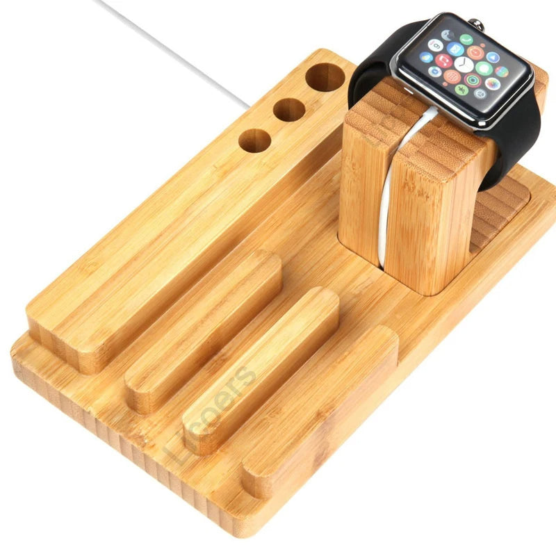 3-in-1 Bambus-Holz Ladestation für iPhone: Handy-Halter, Ladegerät-Ständer und Basis für die Apple Watch sowie Aufbewahrungsbox für das iPad