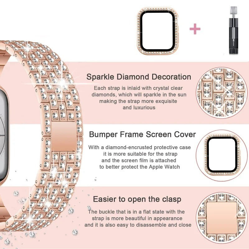 Luxus Premium Hülle Glitzer-Metallarmband & Diamant-Gehäuse für Apple Watch Serie 10/9/8/7/6/5/4/3/2/1 & Ultra 2/1, SE: 2024, 2023, 2022, 2021, 2020, 2019, 2018, 2017, 2016: 49mm, 45mm, 41mm, 40mm, 44mm, 42mm | Case & Cover, iWatch Armband