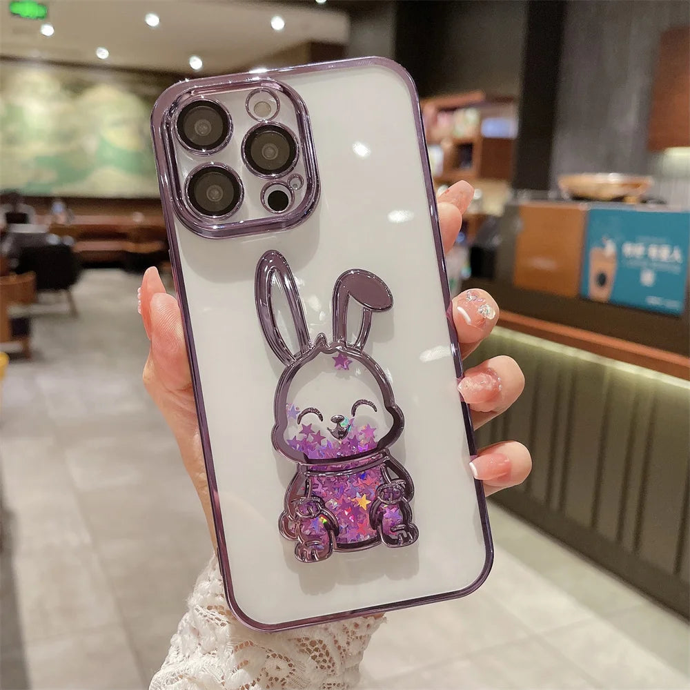 Luxury Cute Rabbit Quicksand Glitter iPhone Case | MagSafe Case | Transparent Camera Lens Cover for Apple iPhone 16/15/14/13/12 Pro Max, Plus Mini | Armor Phone Protective Case