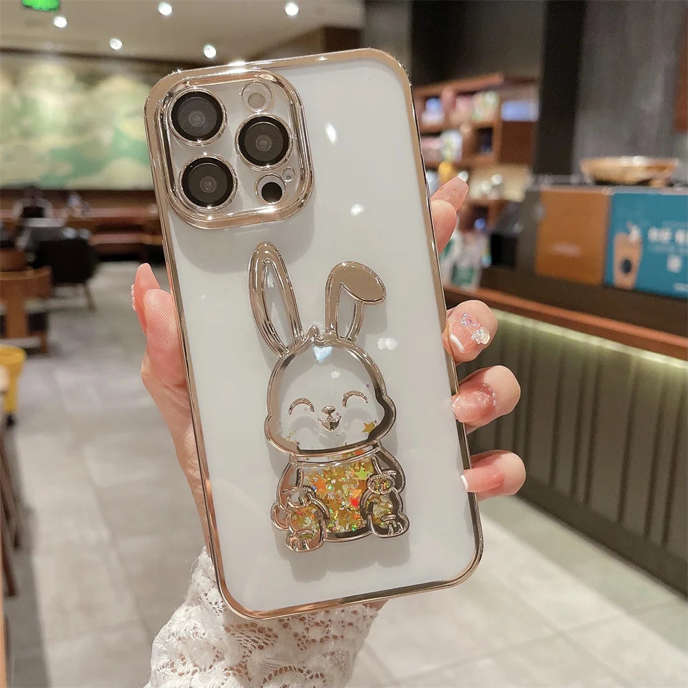 Luxury Cute Rabbit Quicksand Glitter iPhone Case | MagSafe Case | Transparent Camera Lens Cover for Apple iPhone 16/15/14/13/12 Pro Max, Plus Mini | Armor Phone Protective Case