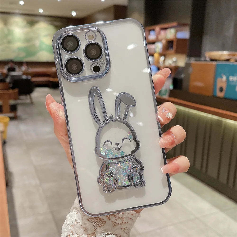 Luxury Cute Rabbit Quicksand Glitter iPhone Case | MagSafe Case | Transparent Camera Lens Cover for Apple iPhone 16/15/14/13/12 Pro Max, Plus Mini | Armor Phone Protective Case