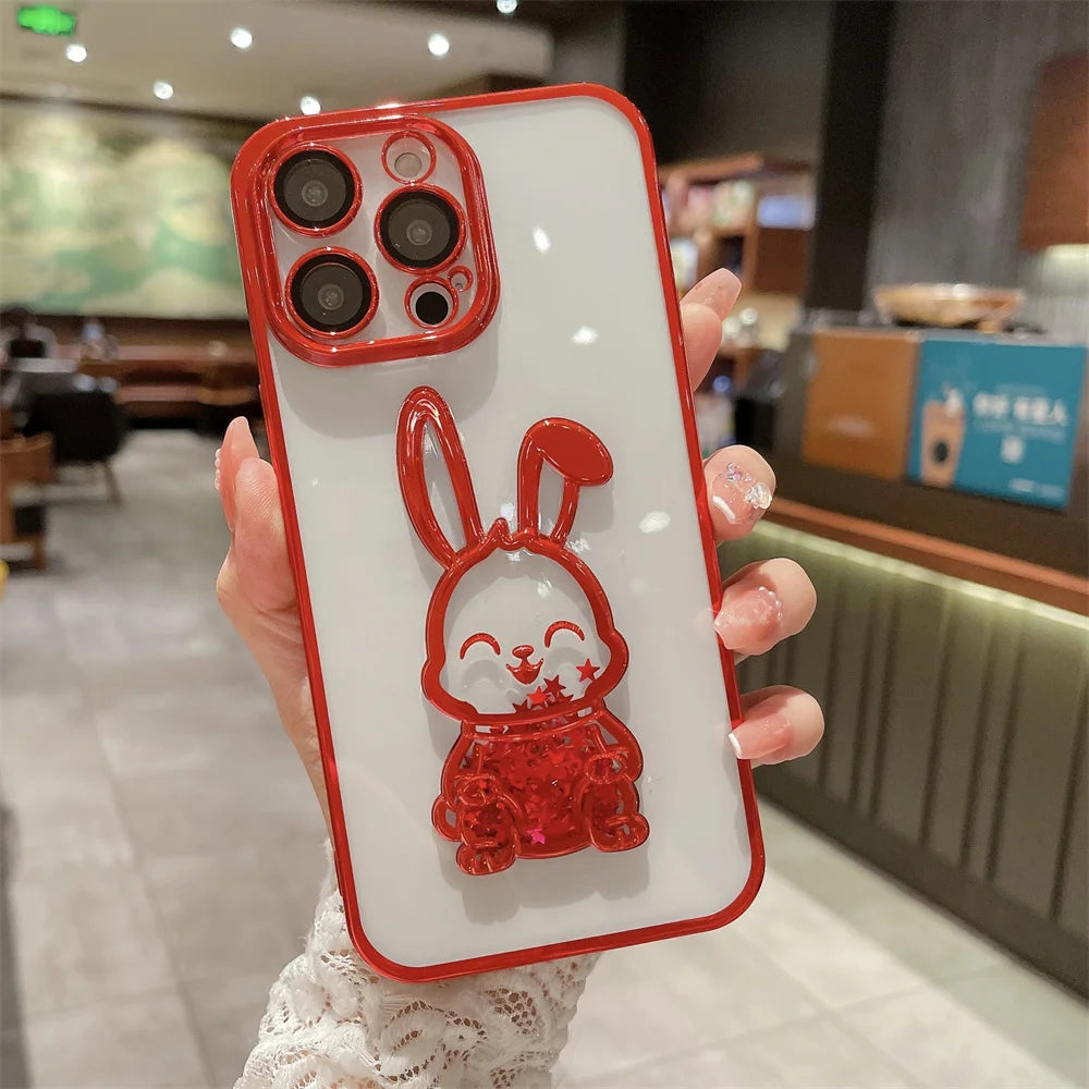 Luxury Cute Rabbit Quicksand Glitter iPhone Case | MagSafe Case | Transparent Camera Lens Cover for Apple iPhone 16/15/14/13/12 Pro Max, Plus Mini | Armor Phone Protective Case