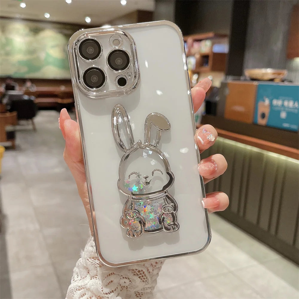 Luxury Cute Rabbit Quicksand Glitter iPhone Case | MagSafe Case | Transparent Camera Lens Cover for Apple iPhone 16/15/14/13/12 Pro Max, Plus Mini | Armor Phone Protective Case