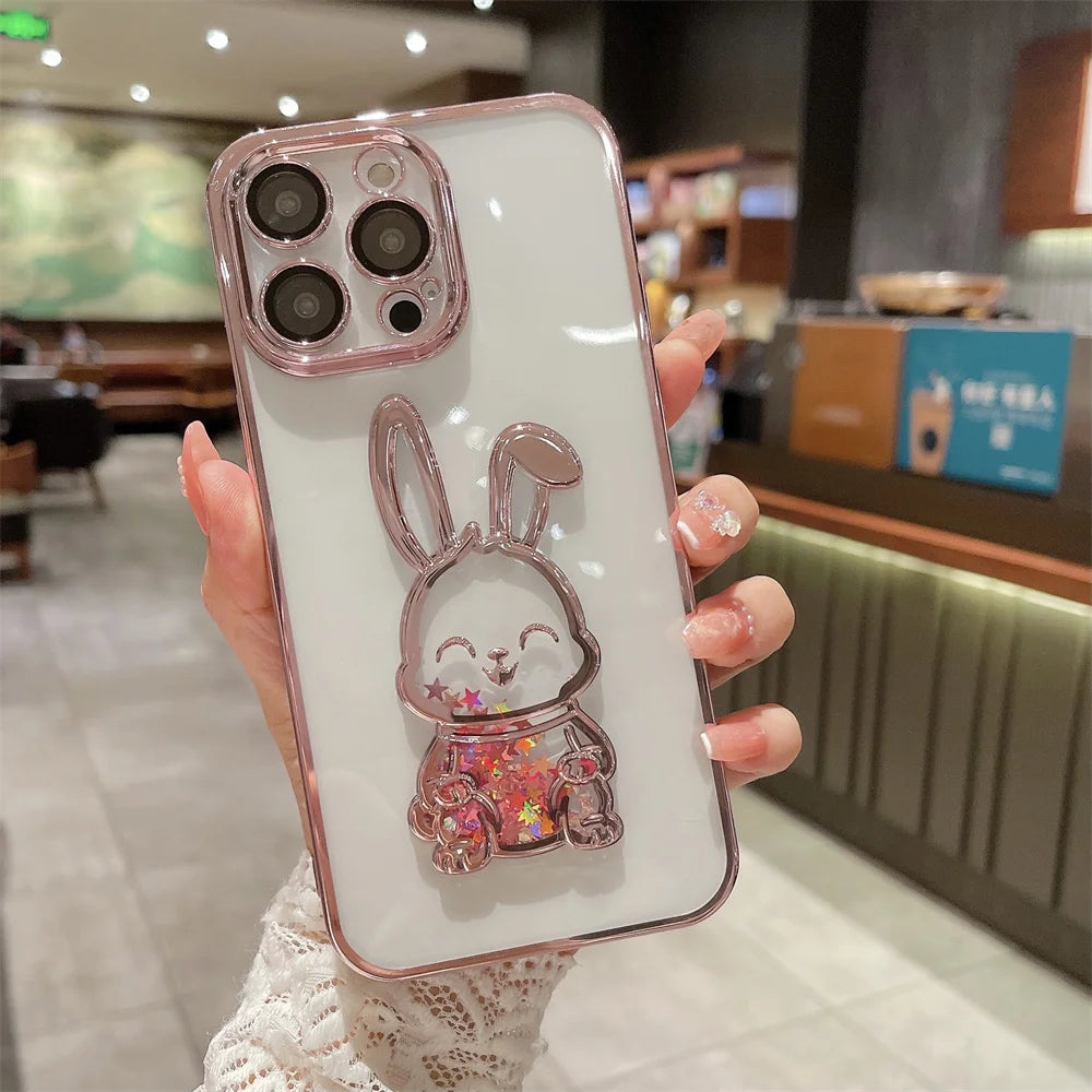 Luxury Cute Rabbit Quicksand Glitter iPhone Case | MagSafe Case | Transparent Camera Lens Cover for Apple iPhone 16/15/14/13/12 Pro Max, Plus Mini | Armor Phone Protective Case